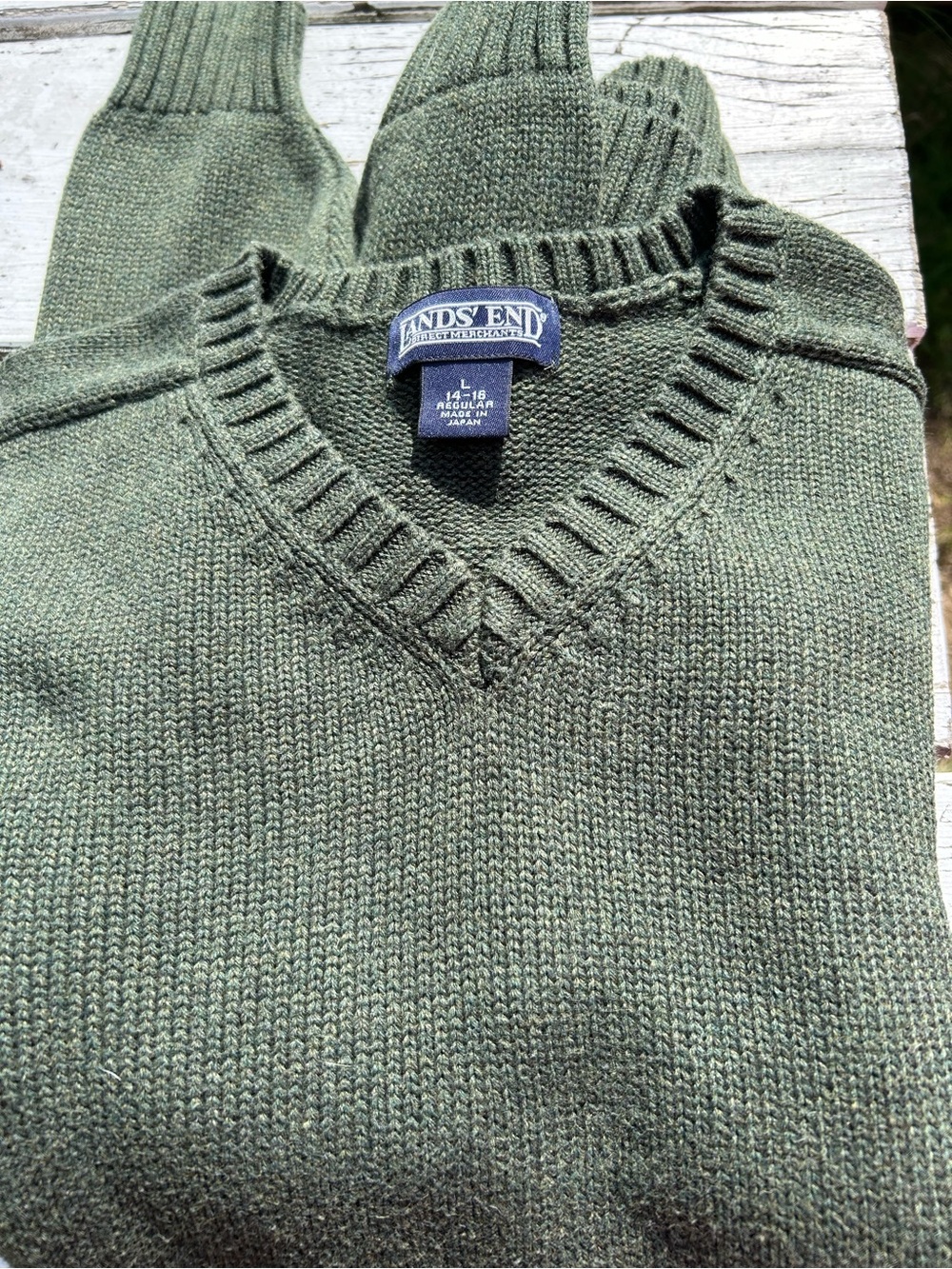 Lands' End Women's V-Neck Sweater in Olive Green
